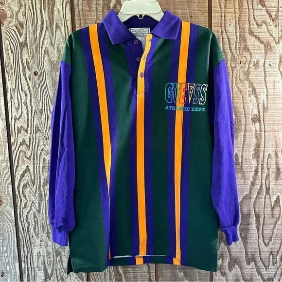Vintage GUESS Jeans Long Sleeve Striped Polo NWOT Green Purple Orange 90s - Picture 1 of 4